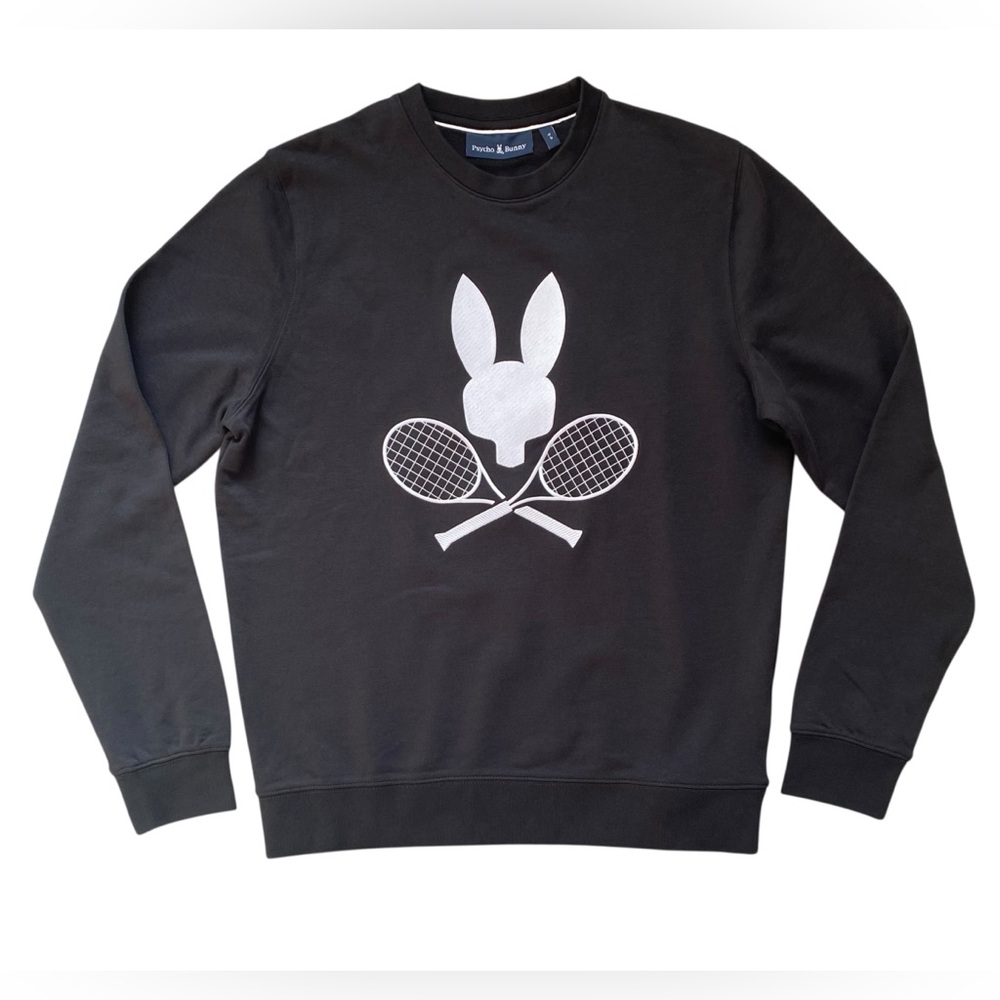 Psycho Bunny Sweatshirt Men's Small Black Crewneck Courtside  Tennis Racket NWOT